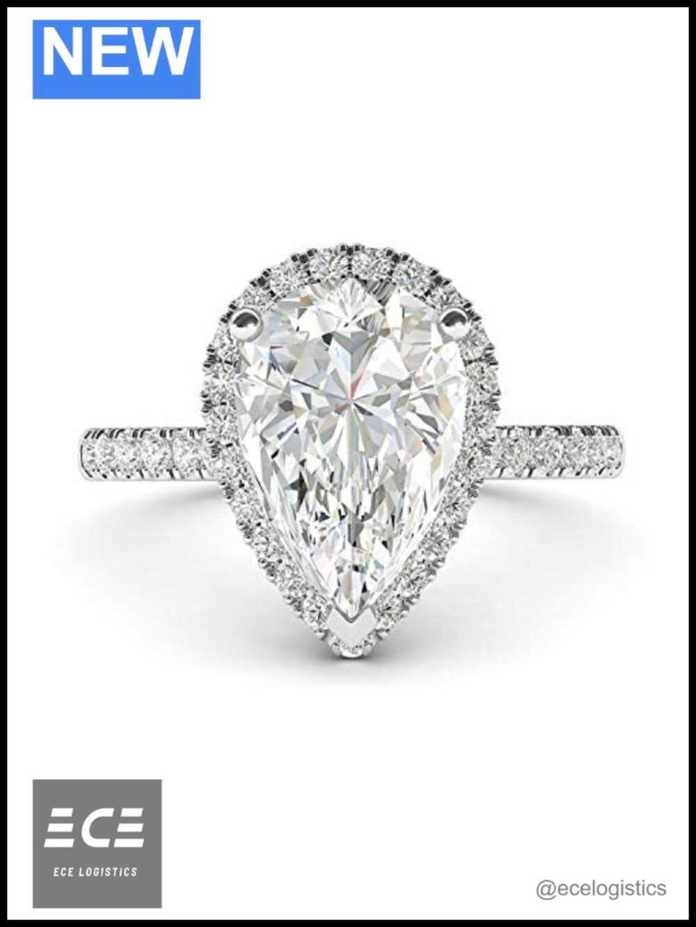 Sterling Silver Simulated Pear Diamond Halo Engagement Ring Side Stones